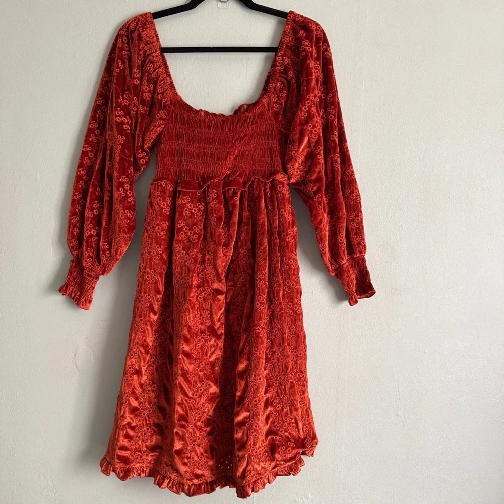 ASOS velvet broderie shirred midi dress burnt red eyelet lace long sleeve US6 - Picture 2 of 13
